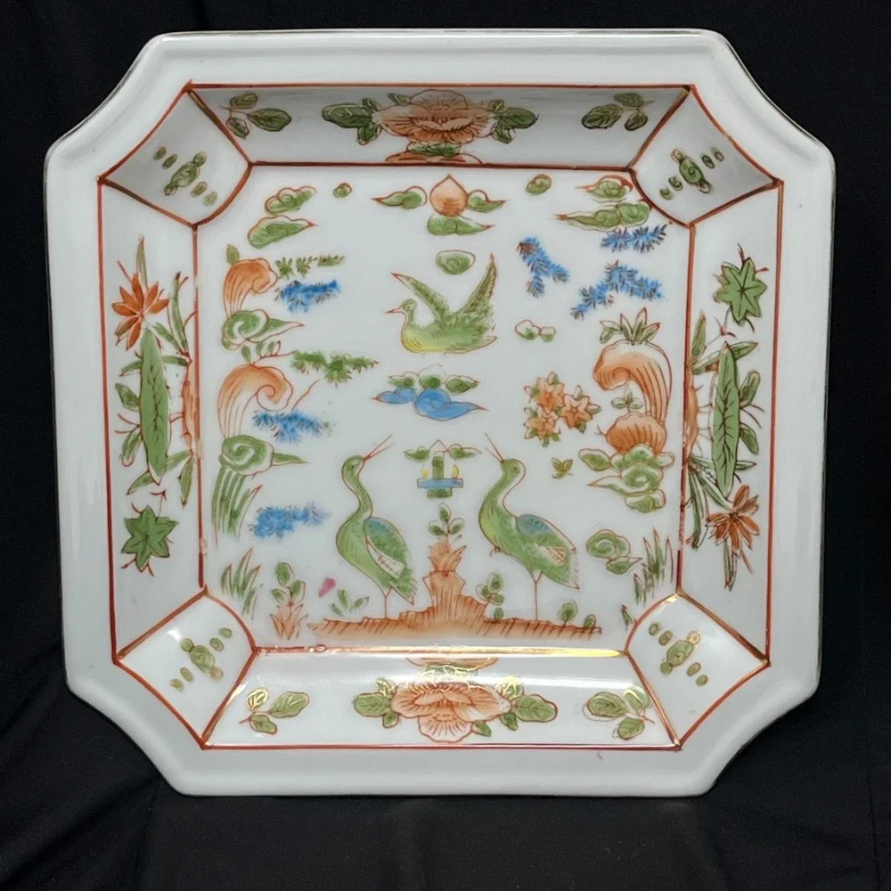 Vintage Hand Painted Porcelain Plate Bowl‎ Set Brass Rim Oriental Asian Horchow